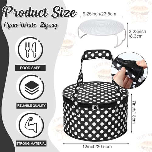 Pickmesh Round Pie Carrier 12 x 7 Inch Insulated Casserole Carriers with Lid and Detachable Handle for Hot or Cold Food Cake Transport Thanksgiving Christmas Gift(Black White Polka Dots) - color: Black White Polka Dots