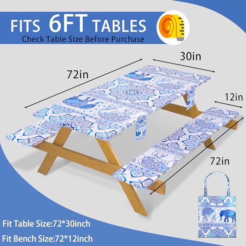 Fitted Waterproof Picnic Table Cover with Bench Covers Heavy Duty Elastic Outdoor Camping Tablecloth for 6 Foot Rectangle Tables Summer Rv Accessories Patio Garden Road Trip Essentials Gifts - color: Blue Elephant, size: 72" x 30" (Rectangular)