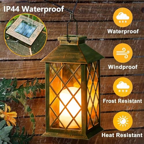 Solar Lanterns Outdoor Waterproof, 2 Pack 9" Glass Hanging Solar Lights with Flickering Flameless Candle, Outdoor Lanterns for Patio Wall Porch Table Garden Yard, Gift for Women Mom - Bronze - size: Bronze 9"