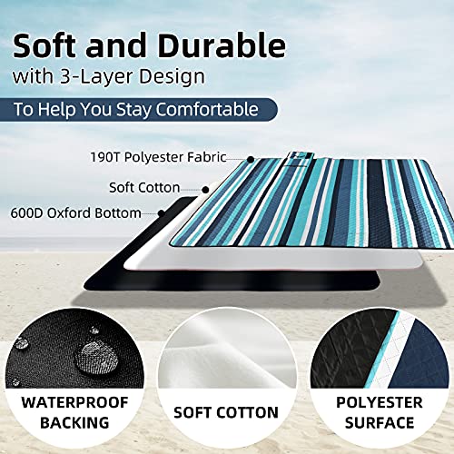 ZAZE Picnic Blankets Beach Blanket, 80''x80'' Extra Large Thick 3-Layers, Sandproof Machine Washable Waterproof Foldable Oversized XL Outdoor Mat, for Camping, Park, Travel, Grass(Blue White Stripe) - color: Blue and White Stripe