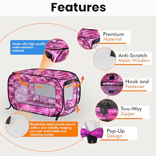 Beatrice Home Fashions Portable, Collapsible, Pop Up Kennel Travel Cat and Dog Crate, 36" L x 22" W x 22" H, Camo Pink - color: Camo Pink, size: 36.0"L x 22.0"W x 22.0"H