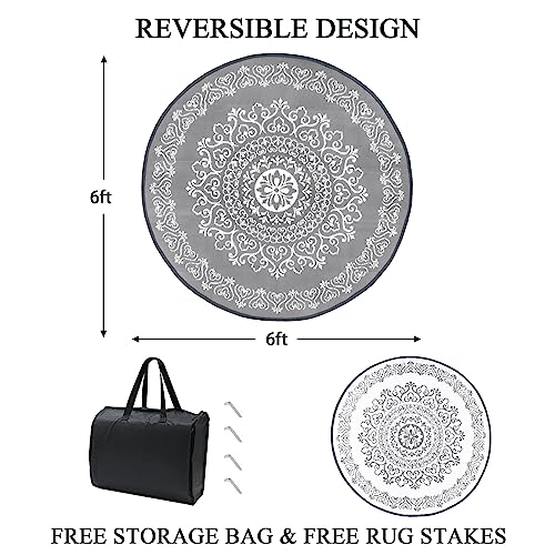 Pauwer Waterproof Outdoor Rug 6ft, Reversible Plastic Straw Patio Camping Rug, Indoor Outdoor RV Mat Carpet for Deck, Camper, Porch, Balcony, Backyard, Picnic, Floral Grey - color: Floral Grey, size: 6' (Round)