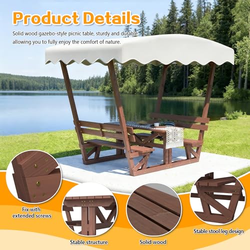 Outdoor Wooden Picnic Table with Removable Sunshade Canopy & Benches All-Weather Solid Wood Patio Dining Set for 4 6 Person Perfect for Backyard, Deck, Park, and Beach Brown - size: Table With Canopy