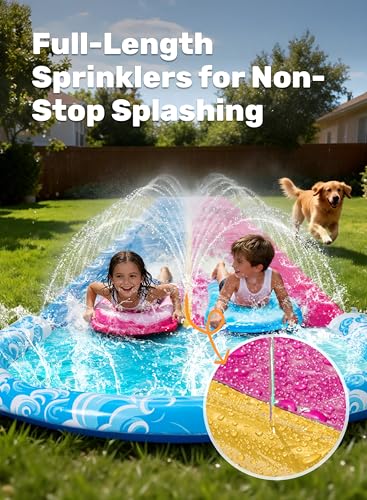 JOYIN 32.5FT Water Slide and 2 Inflatable Boards, Extra Long Heavy Duty Double Lawn Waterslide with Sprinkler for Kids Adults Backyard Summer Water Toy Outdoor Fun, Blue, Pink - color: Blue, Pink, size: 32.5ft