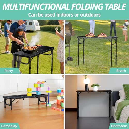 VINTEAM Tri-Folding Camping Table with 3 Adjustable Heights, Lightweight Portable Outdoor Picnic BBQ Table, Black Aluminum Folding Grill Table for Camping, RV, Beach, Fishing & Backyard - style: 3-Fold MDF Tabletop