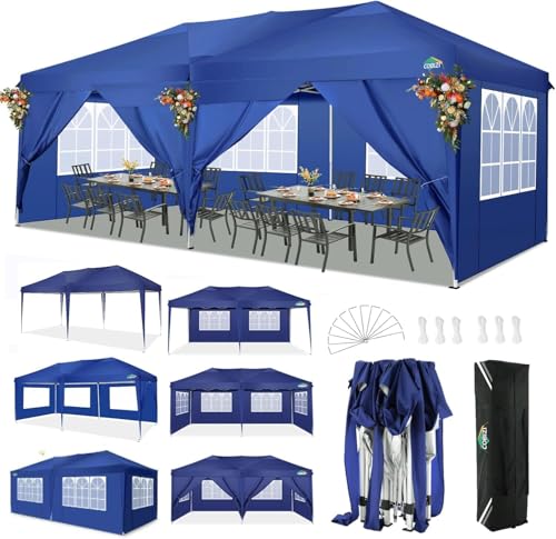 COBIZI Canopy 10x20 Pop Up Canopy with 4 Sidewalls Easy Pop Up Tent 10x20 Waterproof Commercial Instant Shelter UPF 50+ Portable Gazebo Wedding Tents for Parties Carport Events(Dark Blue - color: Navy Blue, size: 10x20FT with 6 sidewalls