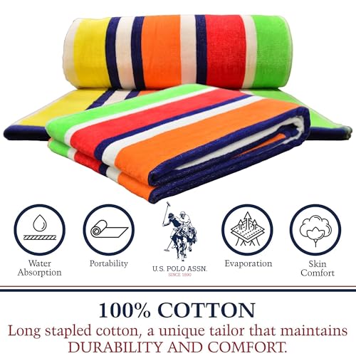 U.S. Polo Assn. Oversized (40” x 70”) Striped Nautical Design Beach Towel - Luxury Plush Cotton Hotel Quality for Bath, Pool - Flame Stripe - color: Flame Stripe, size: 40" x 70"