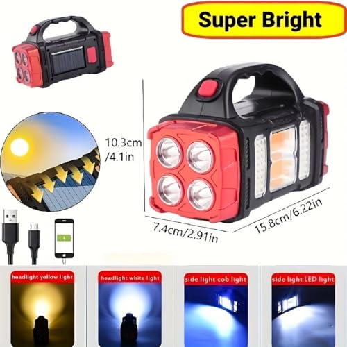 IFTHFOUR High Lumens Solar Flashlight - LED Work Light with USB-C Rechargeable, Waterproof, Multi-Function Flashlight & Lantern for Camping, Emergencies, and Outdoor(RED) - color: Red