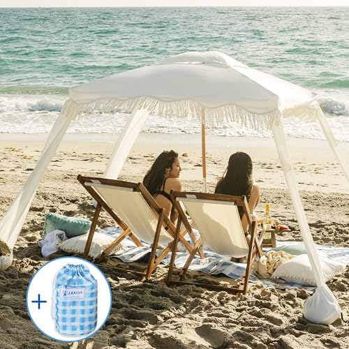 AMMSUN Beach Cabana with Beach Blanket, 7' x 7' Boho Canopy with Tassels, Premium Wood Pole, Fringe Cabana Tent with Sand Pockets, Instant Sun Shade for Sand, Garden, Outdoor, Elegant White - color: Elegant White with Beach Blanket