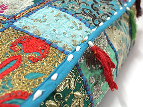 Mam Treasures Indian Bohemian Decorative Pillow Vintage Cushion Cover Patchwork Square Floor Pillow Cover Meditation Cushion Large Floor Pillow Indian Cushion (Light Blue, 16 X 16 X 5 Inch) - color: Light Blue, size: 16" x 16" (Pack of 1)