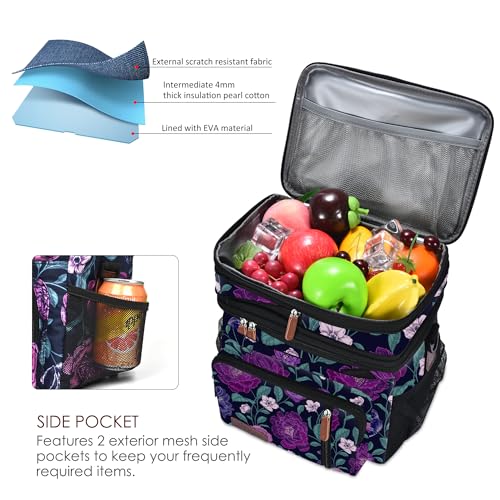 MIYCOO Lunch Bag & Lunch Box for Women Men, Double Deck Leakproof Insulated Soft Large Adult Camping Cooler bag for Work, Beach, Picnic, Travel (Purple Flower, 15L) - color: Purple Flower