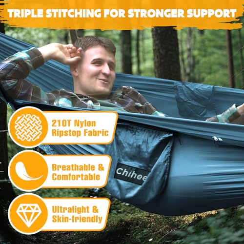 Chihee Ultra-Light Travel Camping Hammock Pop-up Net Hammock 660lbs Load Capacity,Breathable,Quick-Drying Parachute Nylon 2 Premium Carabiners,2 Tree Slings Included for Outdoor Backpacking Hiking - color: Navy Blue