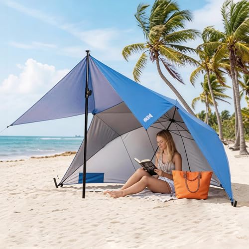 HOMEDEMO Beach Umbrella Tent (9.5ft, Blue) with Fan Canopy, 3-in-1 Umbrella Shade for Beach, Picnic, Bleacher, Sports Games - style: Blue