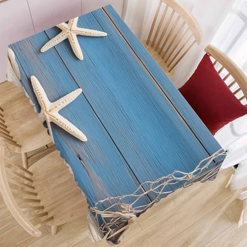 52x70 Inch Tablecloth Starfish Seashell, Beach Seashells Fishnet Rustic Wood Non-Fading Table Covers Kitchen Dinning Tabletop Decoration, Washable Table Cloth for Outdoor and Indoor Use - color: Starfish Seashell