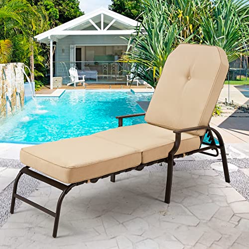 U-MAX Adjustable Outdoor Chaise Lounge Chair Patio Lounge Chair Recliner Furniture with Armrest and Cushion for Deck, Poolside, Backyard (Beige, 1 PC) - color: Beige, size: 1 PC
