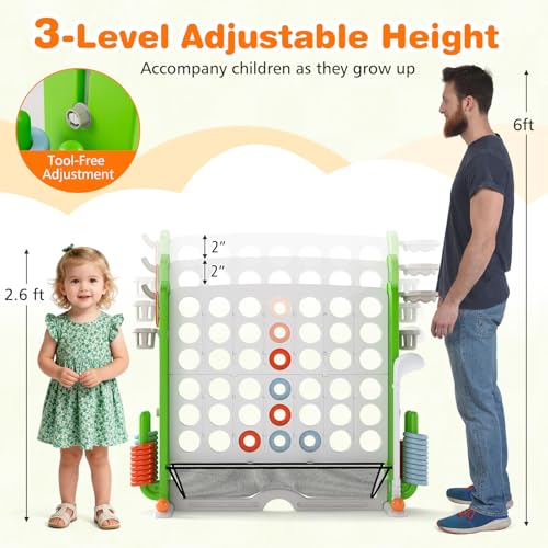 COSTWAY Giant 4-in-A-Row Connect Game Set, Height Adjust 4-to-Score Game with Mesh, Golf, Ring Toss Sets, Basketball & Cup Holders, Indoor Outdoor Yard Party Game for Kids Adults, Family (Green) - color: White & Green