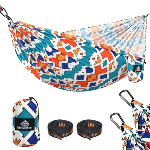NATUREFUN Ultra-Light Travel Camping Hammock | 300kg Load Capacity,Breathable,Quick-Drying | 2 x Premium Carabiners,2 x Nylon Slings Included | Outdoor Indoor Garden - color: Colorful Geometry, size: 275x140cm