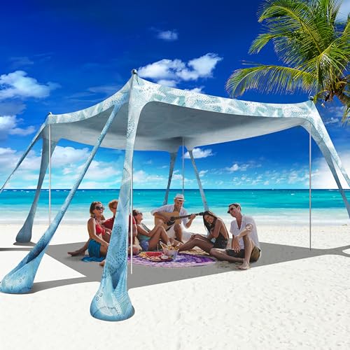 Beach Canopy Beach Tent Pop Up Shade 10x10ft Sun Shelter UPF50+ with 8 Sandbags-2 Sand Shovel-4 Aluminum Poles-Ground Pegs-Portable Carrying Bag for Outdoor Family Camping Fishing Yard Picnic - color: Starfish