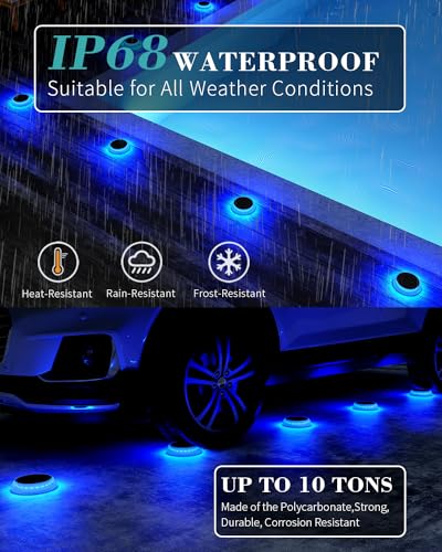 DetarZinLED 6 Packs Solar Driveway Lights, Blue Dock Deck Lights Solar Powered Outdoor IP68 Waterproof, Stick on Light for Step, Stair, Driveway, Pool, Pathway, Walkway, Patio - size: 6pcs Blue Round