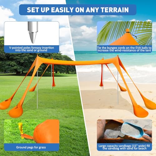 Beach Tent Sun Shelter 10x10ft Beach Canopy Easy Pop Up Sun Shade Portable UPF50+ with 8 Sandbags-2 Sand Shovel-4 Aluminum Poles-Ground Pegs for Outdoor Family Camping Fishing Backyard Picnic - color: Orange, size: 10x10 FT 4 Pole