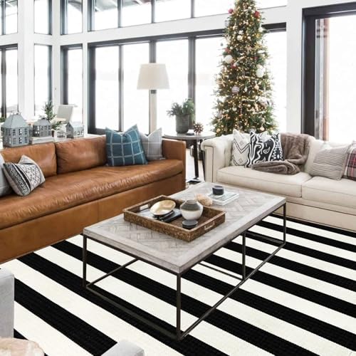 LEEVAN Outdoor Rug 5x8 Black and White Patio Decor, Cotton Washable Indoor Outdoor Doormat, Farmhouse Woven Porch Front Door Mat Reversible Foldable Rug Layered Door Mat for Porch/Front Door/Entrance - color: Black and White Stripes, size: 5' x 7'6" (Rect