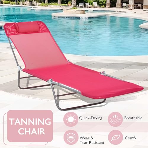 Majnesvon Folding Chaise Lounge Chair, Pool Sun Tanning Chair with Headrest, Outdoor Lounge Chair with Reclining Back, Breathable Mesh Seat, for Beach, Yard, Patio (Pink 2) - color: Pink 2
