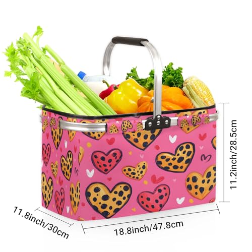 Pink Leopard Print Picnic Basket Large Collapsible Market Baskets Portable Reuasble Shopping Bags with Handles for Camping Beach Travel - color: White