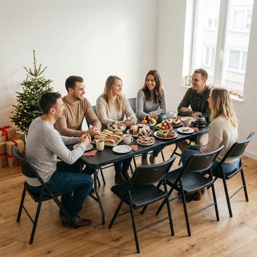 pollilar Folding Table 6FT HDPE 6 Foot Foldable Table Portable Banquet Surface Fold-in-Half Desk Utility for Working Meeting Parties, Picnic, Camping, Weddings, Catering, Garden Dining-Black - color: Black