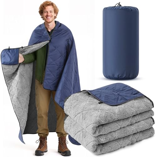 Mindsoft Large Waterproof Woobie Blanket with Sherpa Lining Upgraded Windproof Extra Thick Warm Outdoor Blanket for Cold Weather Hunting Stadium Sports Camping Picnic Car, 59" x 79"(Blue,1 Pc)