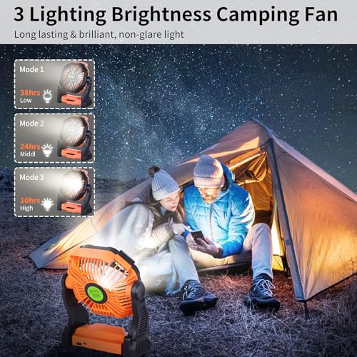 Portable Fan Rechargeable Battery Powered Fan,270°Pivot Cordless Battery Operated Camping Fans with LED Light & Hook,USB Personal Fans Outdoor Camping Essentials for Tent Beach Travel Reading - color: Orange