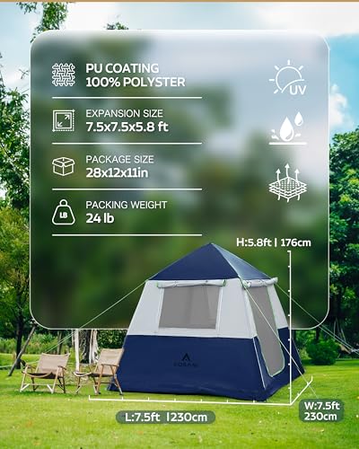 CORANI 14.1'x6.5'x9' Inflatable Tents for Camping, Portable 6/8/10 Person Blow Up Air Tent, Waterproof Windproof Easy Setup Large Family Tent with 2 Doors, 6 Windows, Mosquito Screen - color: Navy Blue, size: 4 person 7.5x7.5ft