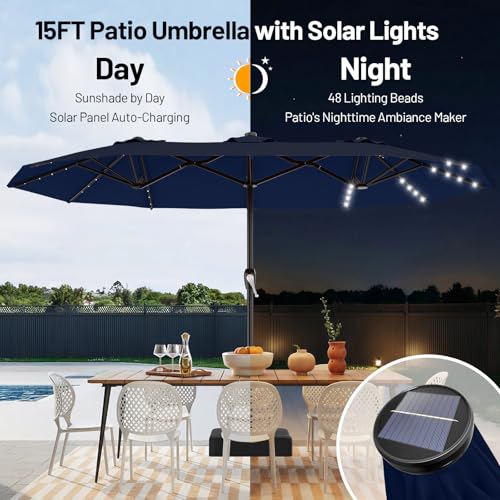 AreShark 15FT Patio Umbrella with Solar Lights, Double Sided Outdoor Table Umbrellas with Crank, Large Rectangular Market Umbrella for Porch, Lawn, Pool, Backyard, Navy - color: Navy, size: 9x15 Ft