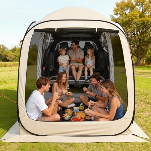 VEVOR SUV Tailgate Tent, 6 x 6 ft Pop-Up Screen House Canopy for 4–6 Person, Portable Screened Shelter with Carry Bag, for Car Camping, Backyard, Patio, Outdoor Activities - color: Beige 3, size: 6×6×7.2 Ft