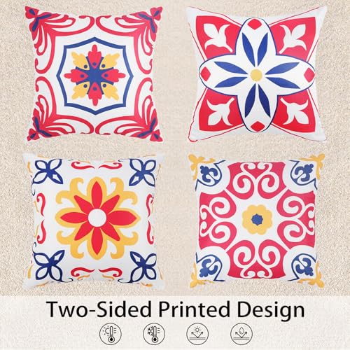 Pyonic 4th of July Outdoor Pillows Waterproof Throw Pillow Covers Set of 4 Red Blue White Floral Printed Patriotic Outdoor Pillow Covers for Patio Funiture Garden 18x18 Inch-Double Side - color: Red Blue, size: 18" x 18" (Pack of 4)