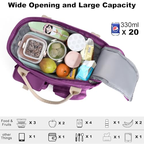 Hafmall Insulated Lunch Bag for Adults, Big lunch box for Womens, Wide Opening Insulated Tote Bag with Shoulder Strap, Reusable Adult Lunch Bag For Work, Picnic(Purple) - color: Purple