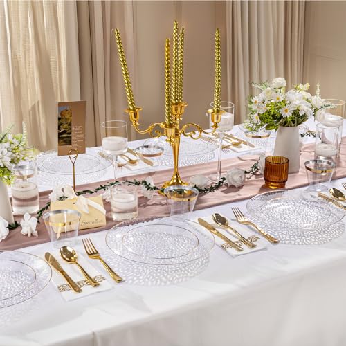 DaYammi 175PCS Clear Gold Plastic Dinnerware Set, Plastic Plates Disposable Hammered Disposable Plates for Party, Include: 25 Dinner Plates 25 Dessert Plates 75 Gold Silverware 25 Napkins 25 Cups - color: Clear, size: 175 Pcs