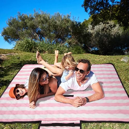 Waterproof Picnic Blankets,79''x79'' Extra Large Foldable Sandproof Beach Blanket,Portable 3-Layer Polyester Outdoor Picnic Blanket for Grass Lawn,Beach,Family Camping,Park,Travel-Pink Stripe - color: Pink Stripe