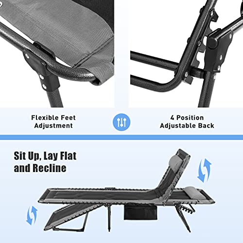 Flamaker Folding Chaise Lounge Outdoor Portable Lounge Chairs 4-Position Adjustable Camping Lounge Chair with Pillow & Side Bag Lightweight Recliner Sunbathing Chair for Pool Beach Deck (Grey) - color: Grey