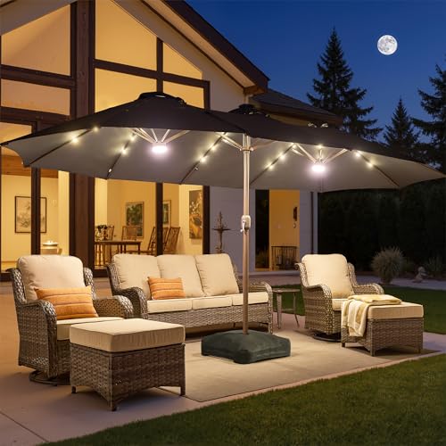 HOOOWOOO Outdoor Patio Umbrella With Solar Light,15 Ft Large Beach Umbrella,UV Protection Picnic Market Parasol Sunshade W Base Crank Handle For Backyard Deck Pool Shade - color: Charcoal Gray