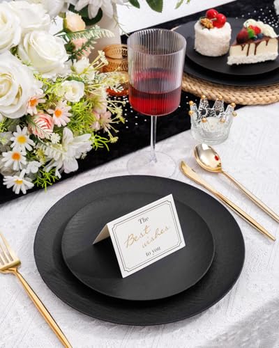 WONDERFUL 32pcs Black Plates Black Plastic Plates Unbreakable and Reusable Plastic Plate Dishwasher safe Dishes Set Includes:16 Dinner 10" & 16 Dessert Plate 7.3" Suitable for Camping Outdoor Party - color: Black