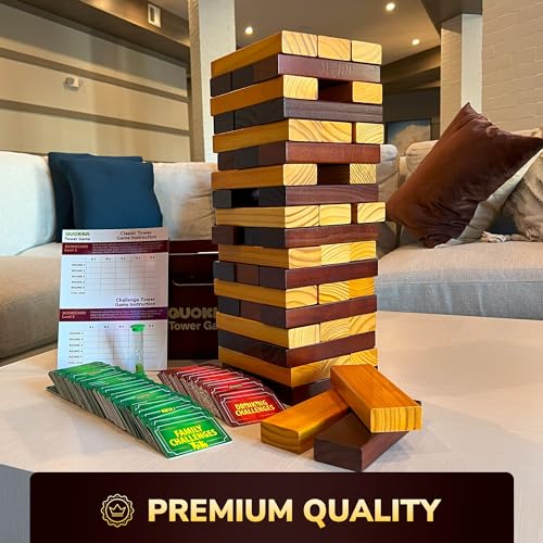 QUOKKA Premier Jumbo Tumble Tower Game - Block Stacking Game for Family - 2.8 Ft | 54 Blocks with Fun Challenges | Water Weather Resistant - Big Wooden Game for Yard