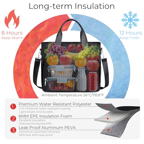 AIJIEKE Extra Large Lunch Bag for Women & Men, Insulated Leakproof Lunch Box for Work, Reusable Adult Lunch Tote with Shoulder Strap, Multi-Pocket Cooler Bag for Office, Picnic, Beach, Black - color: A.Black