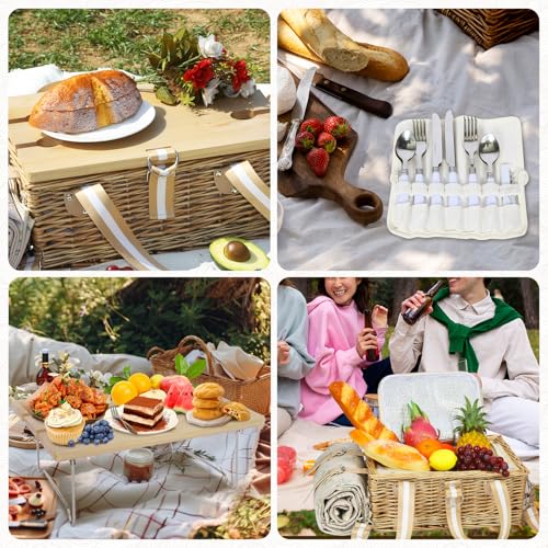 Picnic Basket for 4 with Folding Table, Large Wicker Picnic Basket Set with Waterproof Blanket and Wine Pouch, Insulated Willow Hamper with Cutlery Kit for Camping, Couples, Wedding Gift - color: Beige