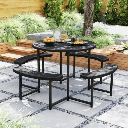 Byroce 8-Person Picnic Table for Outdoors, HDPE Picnic Table Set with 4 Benches, Umbrella Hole & Metal Frame, Heavy Duty Round Dining Table Chairs for BBQ Party in Patio, Yard & Poolside (Black) - color: Black