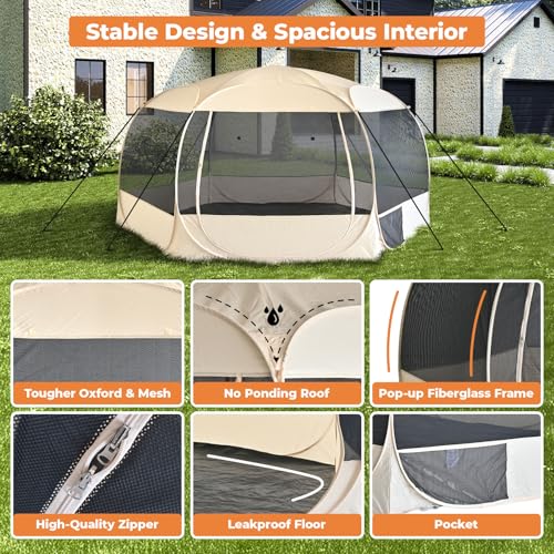 EighteenTek XXLarge Popup Portable Dog Houses, 10'x4.8'H Assembly-Free Gazebo-Style Dog Cot Cat Playpen Screen Pet Tent Sun Shade Shelter Dog Bed with Canopy for Outdoor Anti-Bugs with Leakproof Floor - color: Beige, size: XXLarge, 10' x 10' x 4.8'H