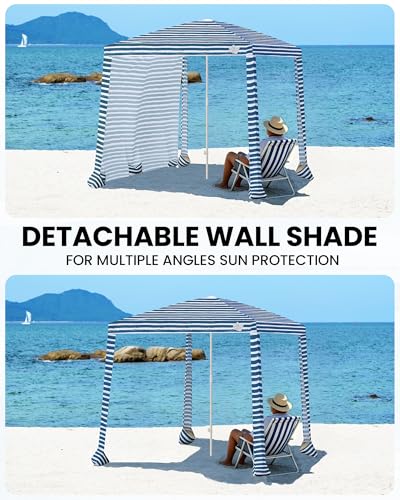 Qipi Beach Cabanas for Sand, Beach Canopy with Sandbags & Side Wall for Family, Easy Set Up Sun Shelter, UPF 50+ UV Protection with Roof Vent - color: 6.5' x 6.5' Sailor Stripes Dual-Fold