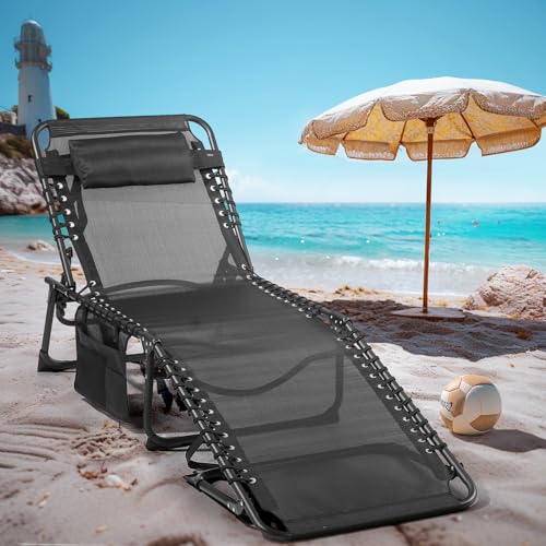 Unovivy Outdoor Chaise Lounge Chairs Set of 2, Portable Folding Pool Lounge Chair with 5-Position Reclining Back, Teslin Tanning Chair for Pool, Beach, Patio, Sunbathing - color: Black