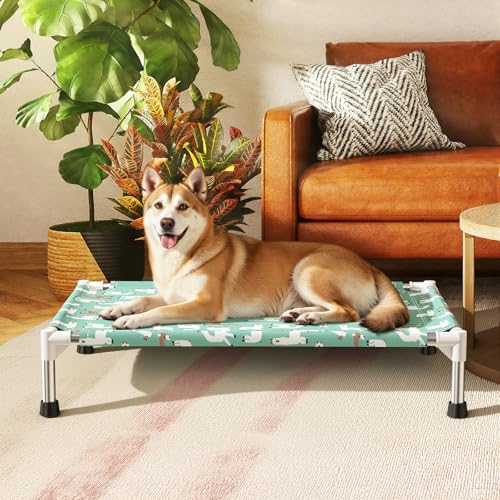 Cute Alpaca Print Elevated Dog Bed - Portable Cooling Pet Cot for Medium Dogs - Breathable Thickened Fabric Hammock, Crate Compatible, Indoor & Outdoor Use - size: Medium