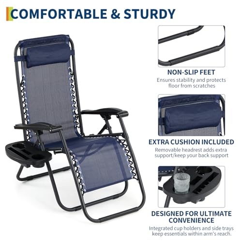 Garvee Outdoor Reclining Lounge Chair Set of 2 with Cup Holder & Padded Headrest, Adjustable Patio Folding Chairs, Heavy Duty Portable Camping Lawn Chairs for Pool, Backyard, Beach, Deck Blue - color: #Blue
