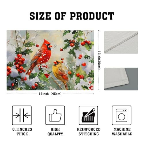 Birds Christmas Placemats Set of 4, 12x18 Inch Winter Xmas Tree Branches Red Berries Washable Reusable Linen Fabric Place Mats for Farmhouse Kitchen Dining Party Table Decoration - color: Winer Birds Berry